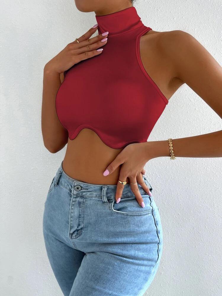 Mock Neck Asymmetrical Hem Crop Satin Tank Top