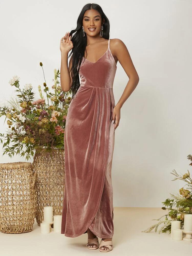 Wrap Hem Maxi Velvet Prom Dress freeshipping - Kendiee