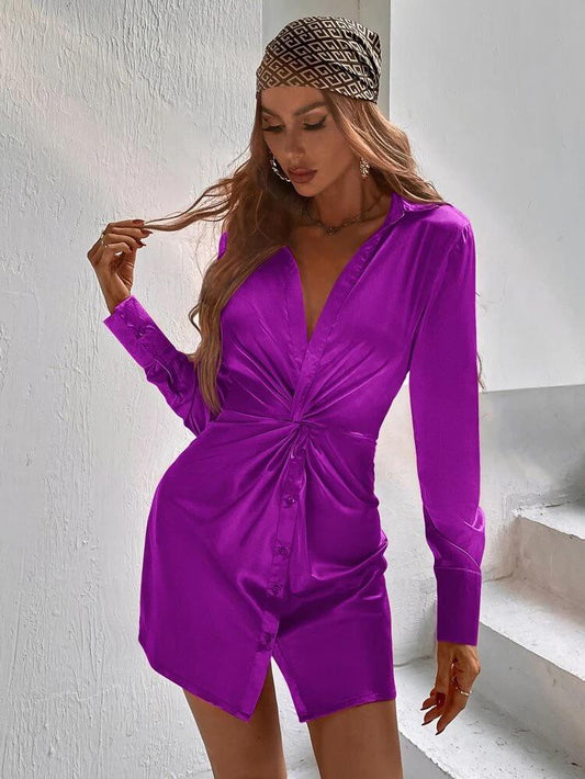 Twist Button Front Satin Shirt Dress