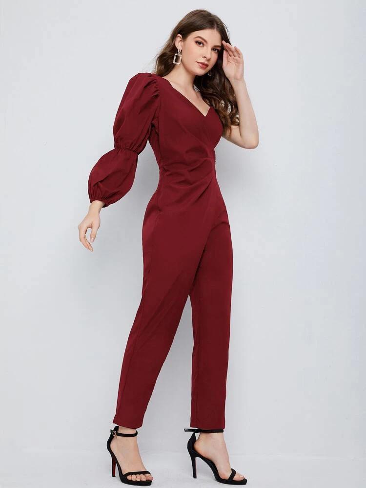 Asymmetrical Neck Gathered Sleeve Jumpsuit