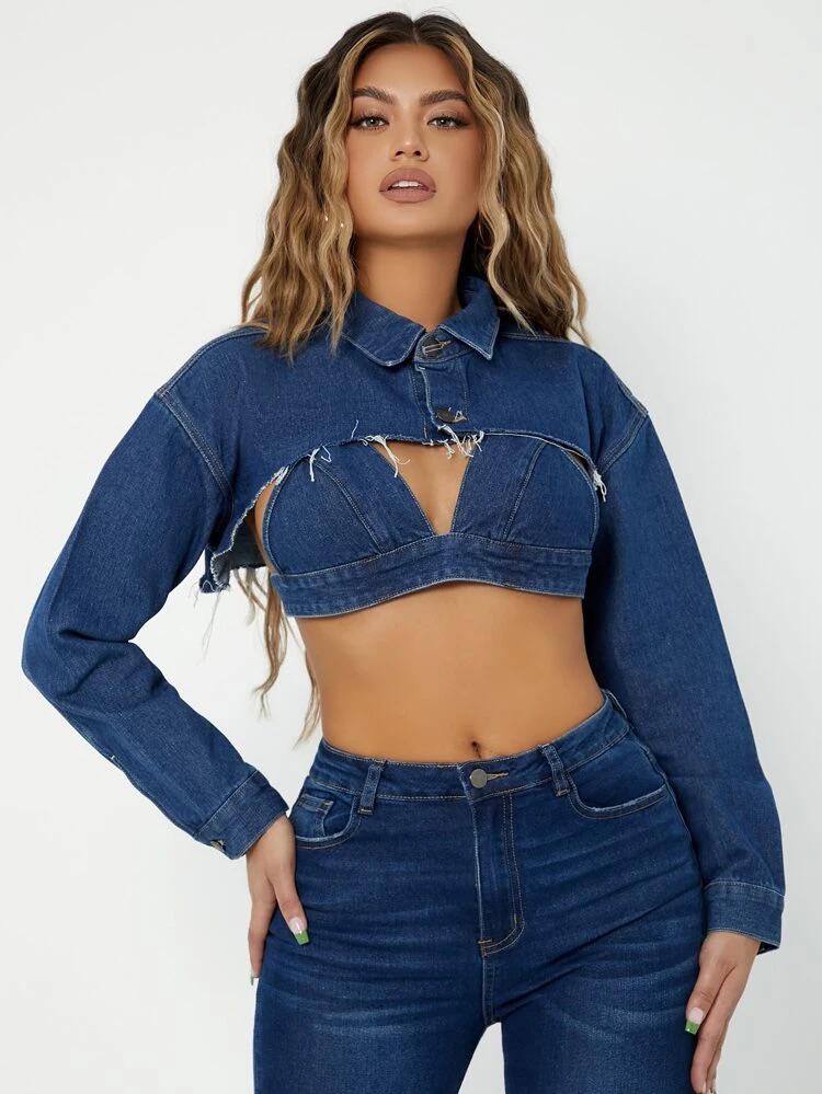 Collared Button Front Raw Hem Denim Jacket with Denim Cami Top