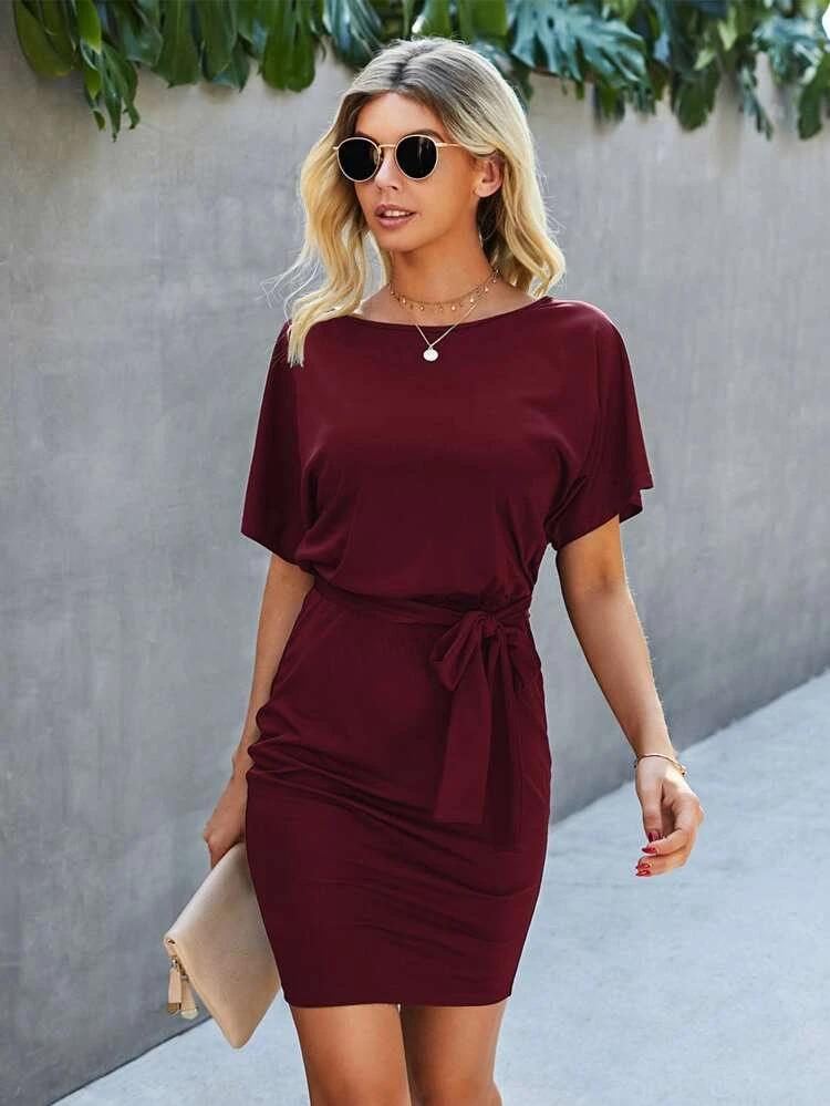 Solid Batwing Sleeve Belted Fitted Dress freeshipping - Kendiee