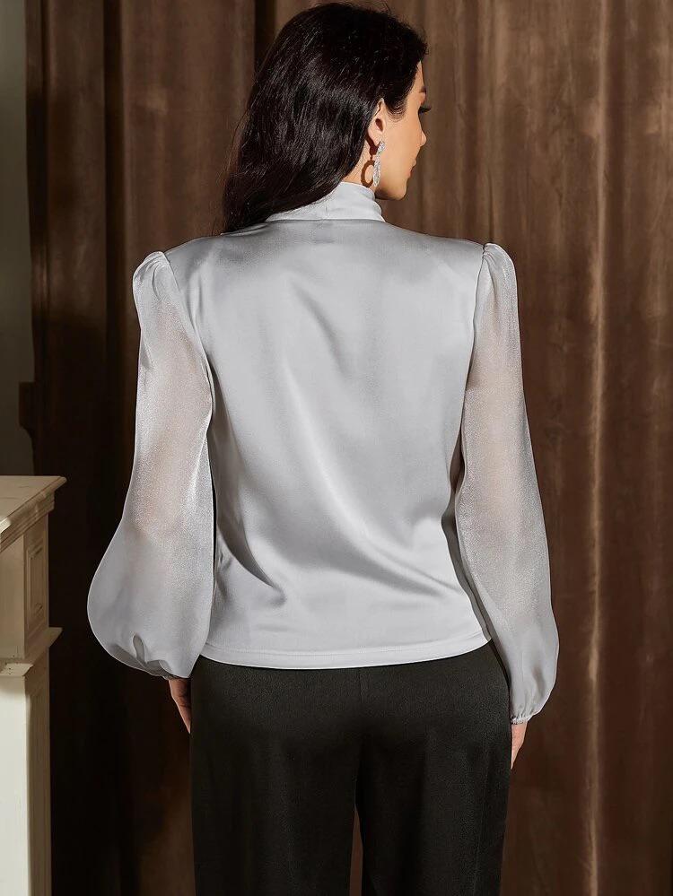 Fold Pleated Lantern Sleeve Satin Blouse