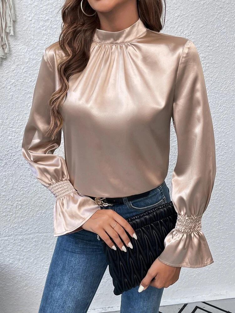 Mock Neck Flounce Sleeve Satin Blouse