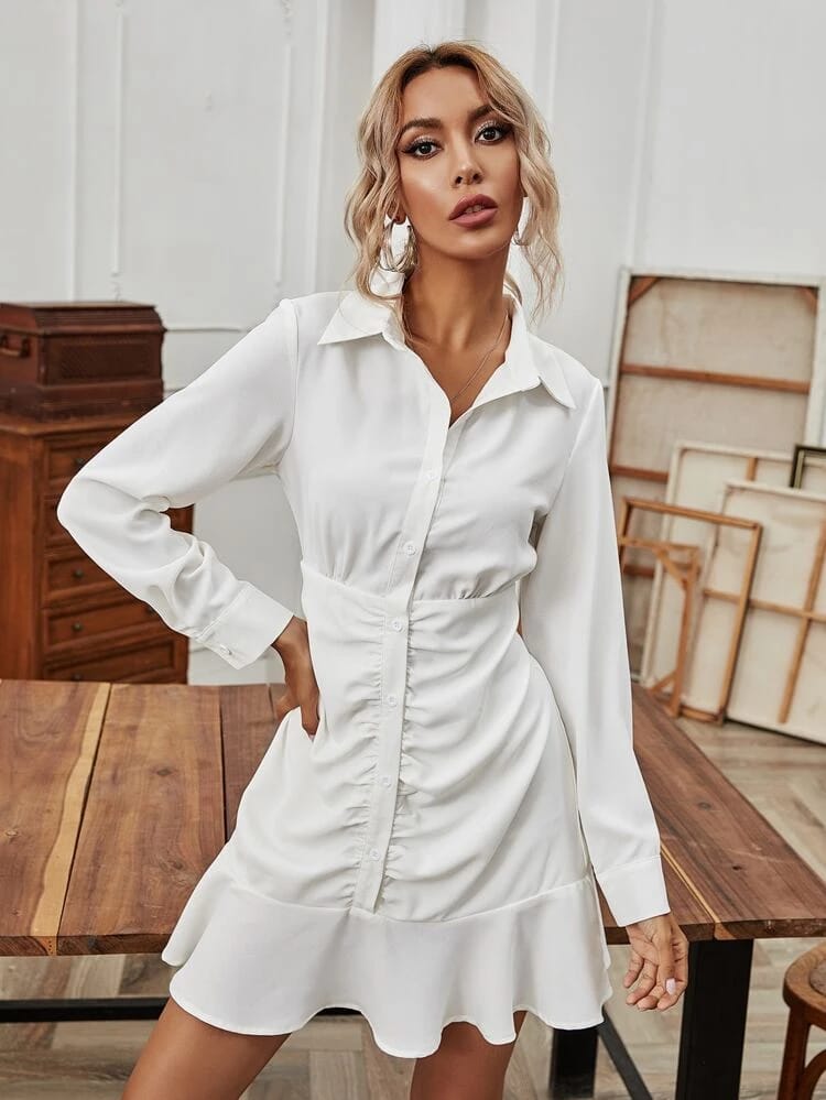 Button Front Ruffle Hem Shirt Dress freeshipping - Kendiee