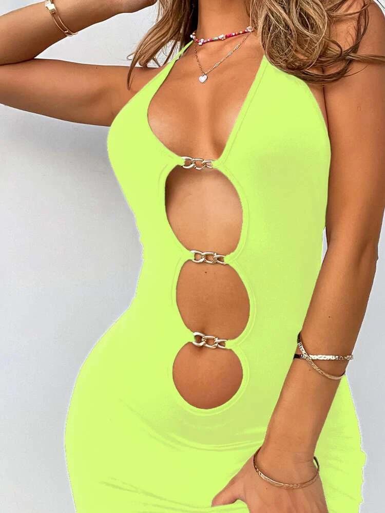 Neon Lime Chain Cutout Front Bodycon Dress