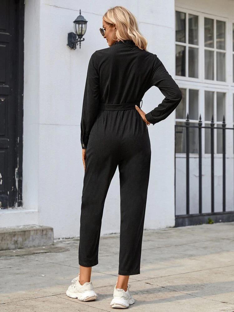 Solid Button Front Belted Shirt Jumpsuit