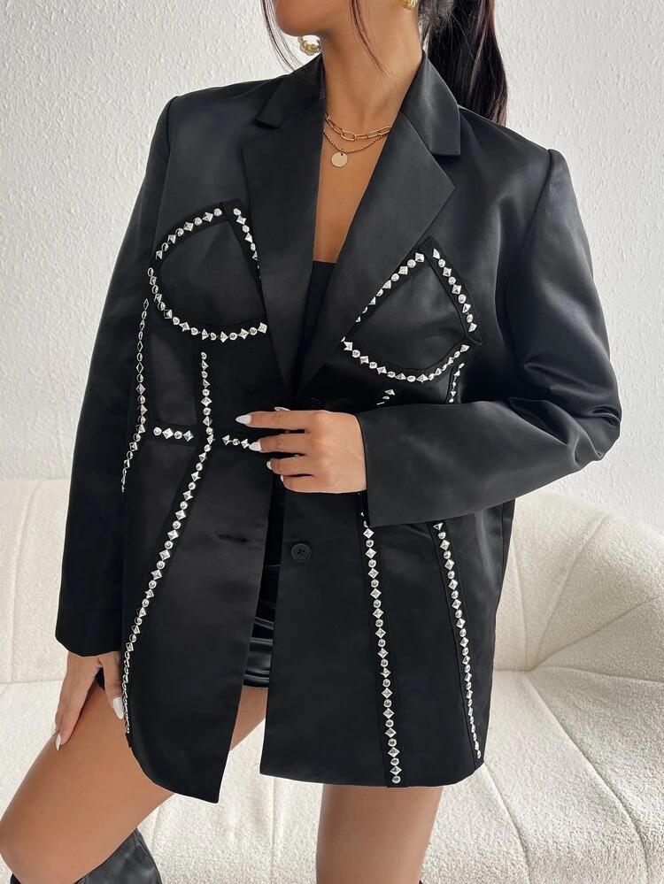 Studded Detail Dual Pocket Satin Blazer