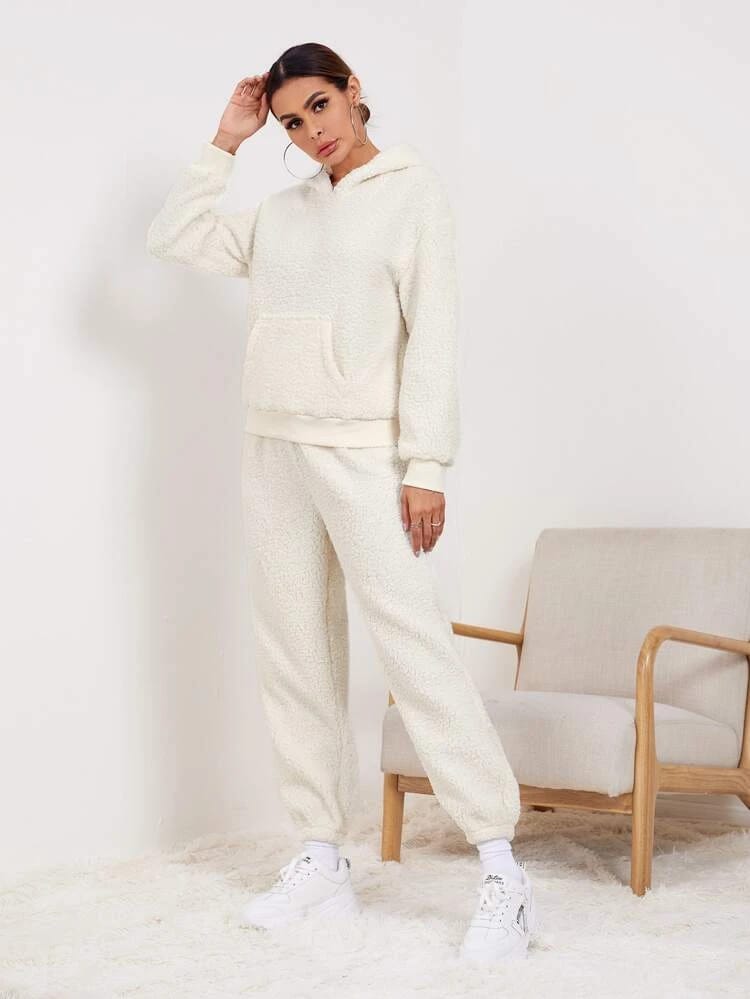 Kangaroo Pocket Teddy Hoodie With Pants Lounge Set freeshipping - Kendiee