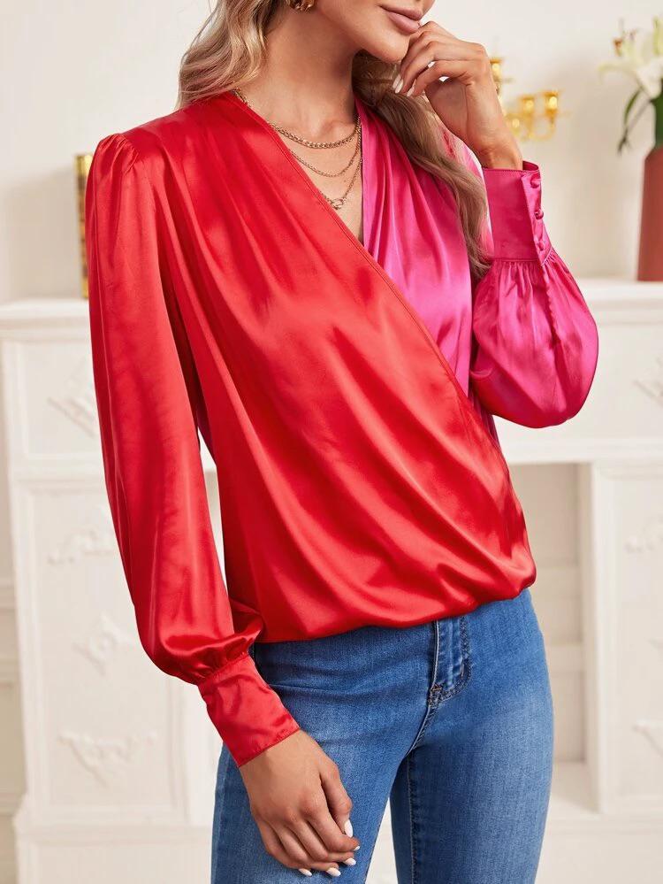 Lantern Sleeve Overlap Collar Satin Blouse