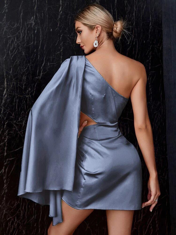 One Shoulder Cut Out Wrap Satin Dress