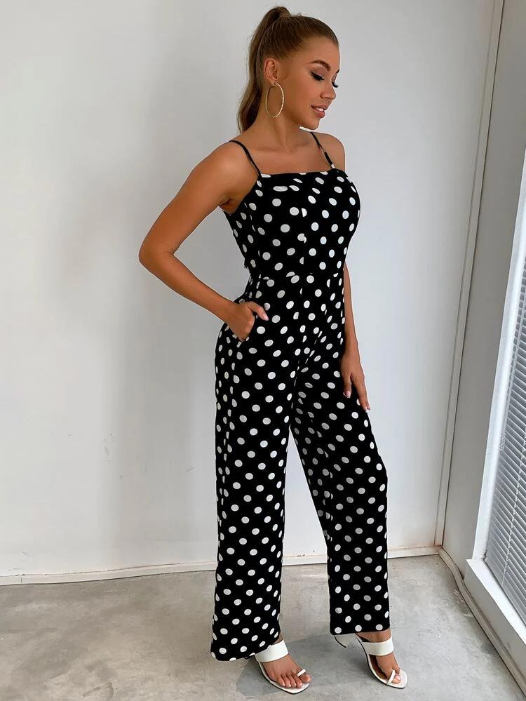 Polka Dot Print Tie Back Cami Jumpsuit freeshipping - Kendiee