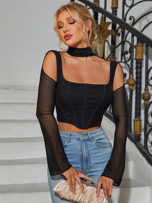 Cut Out Cold Shoulder Mesh Top