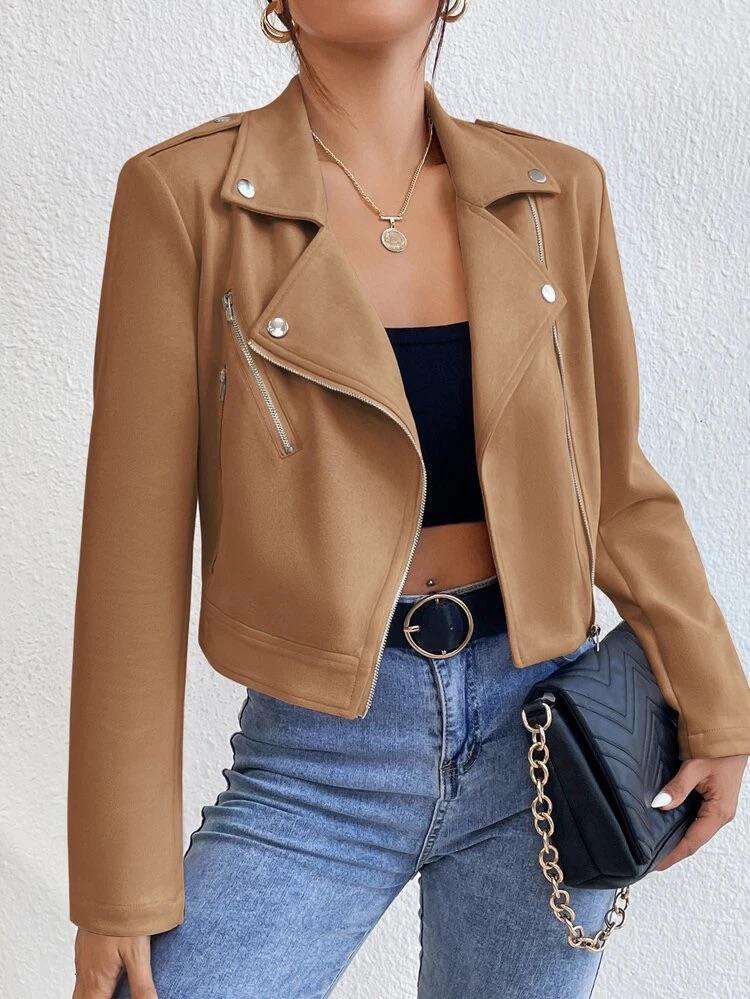 Lapel Neck Zip Up Suedette Moto Jacket