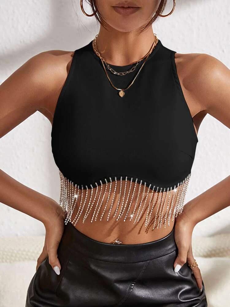 Rhinestone Fringe Zip Back Tank Top