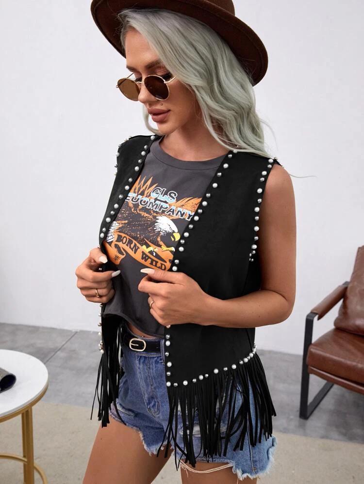 Beaded Fringe Hem Faux Suede Vest Jacket