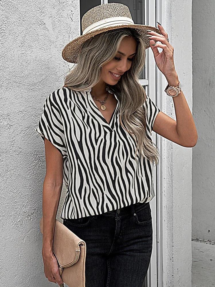 Zebra Stripe Print Notch Neck Blouse