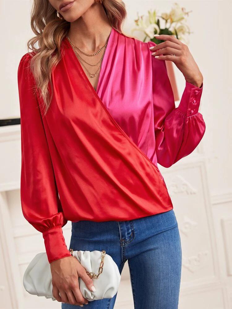 Lantern Sleeve Overlap Collar Satin Blouse