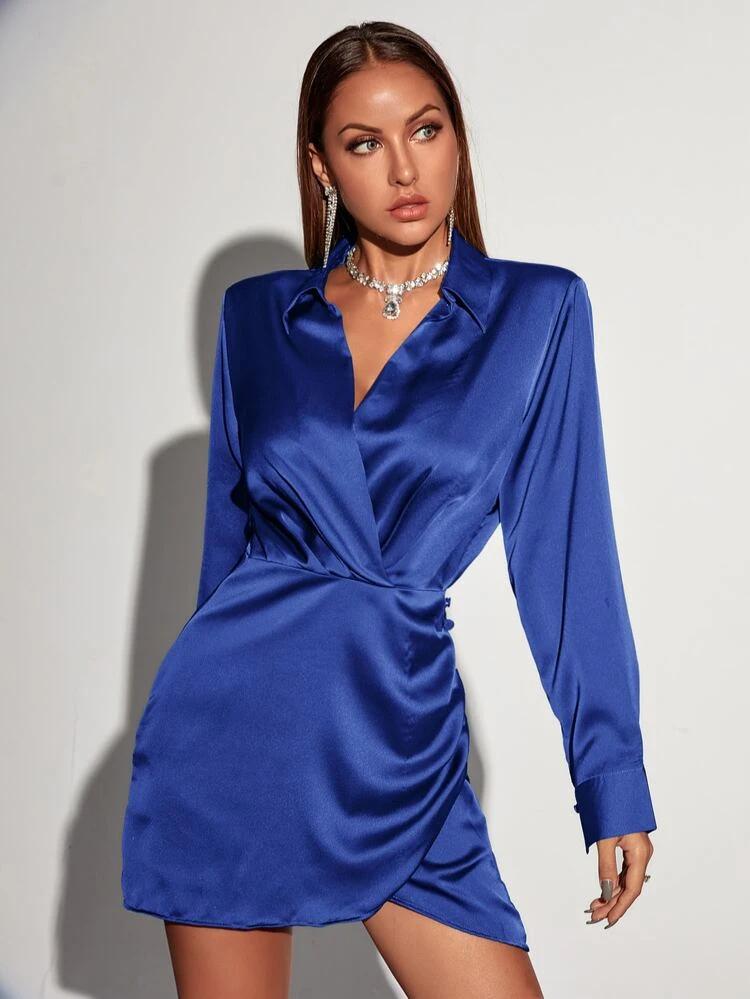 Ruched Bishop Sleeve Satin Dress