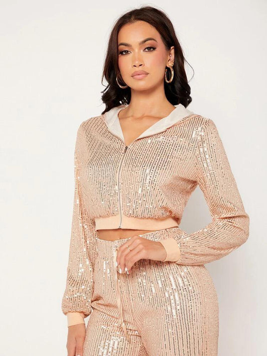 Zip Up Hooded Crop Sequins Jacket