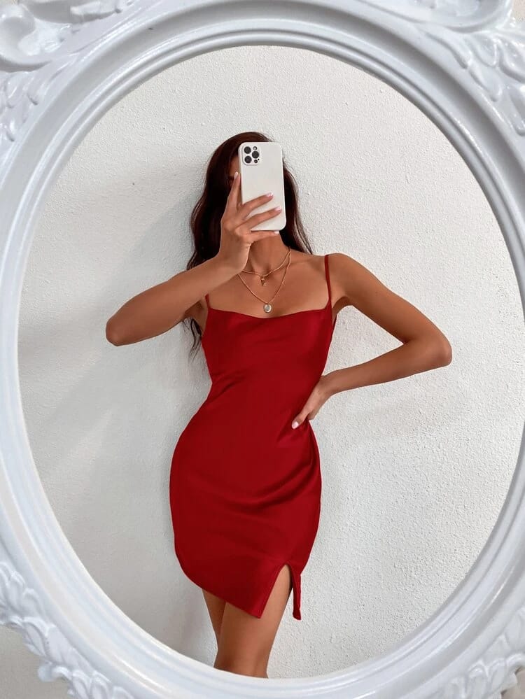 Solid Tie Back Slit Hem Cami Dress freeshipping - Kendiee