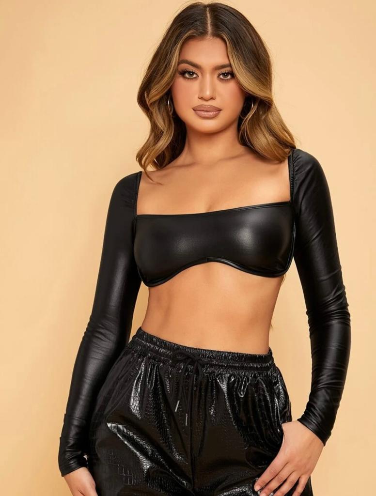 Sequin Neck Asymmetrical Hem PU Leather Crop Top