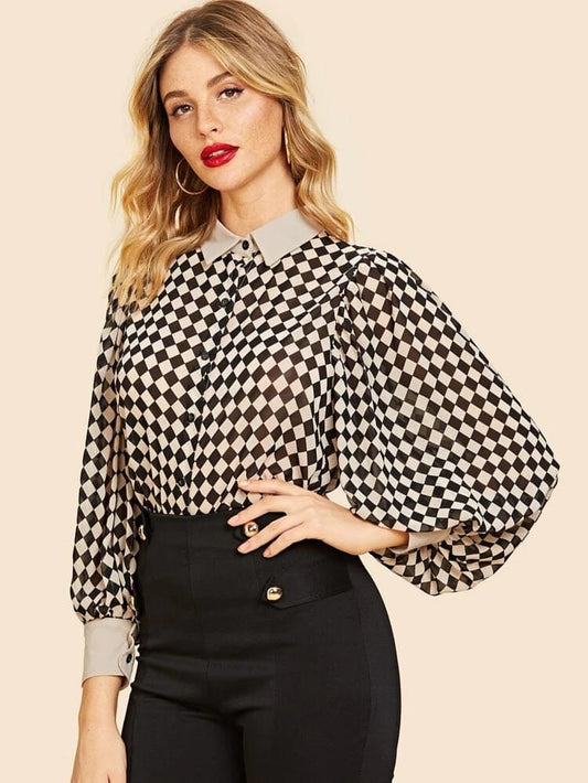 70s bishop checkerboard blouse freeshipping - Kendiee