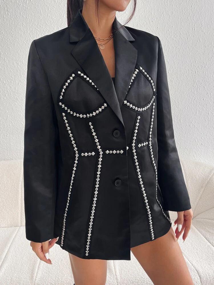 Studded Detail Dual Pocket Satin Blazer