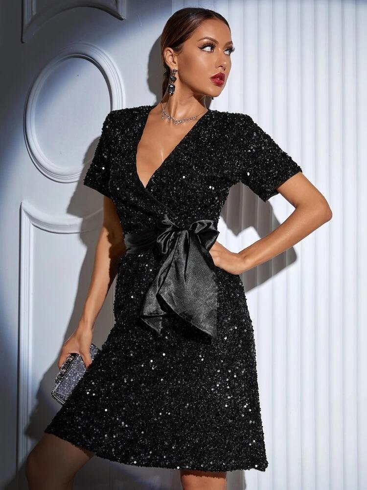 Sequin Wrap Belted A-Line Dress freeshipping - Kendiee