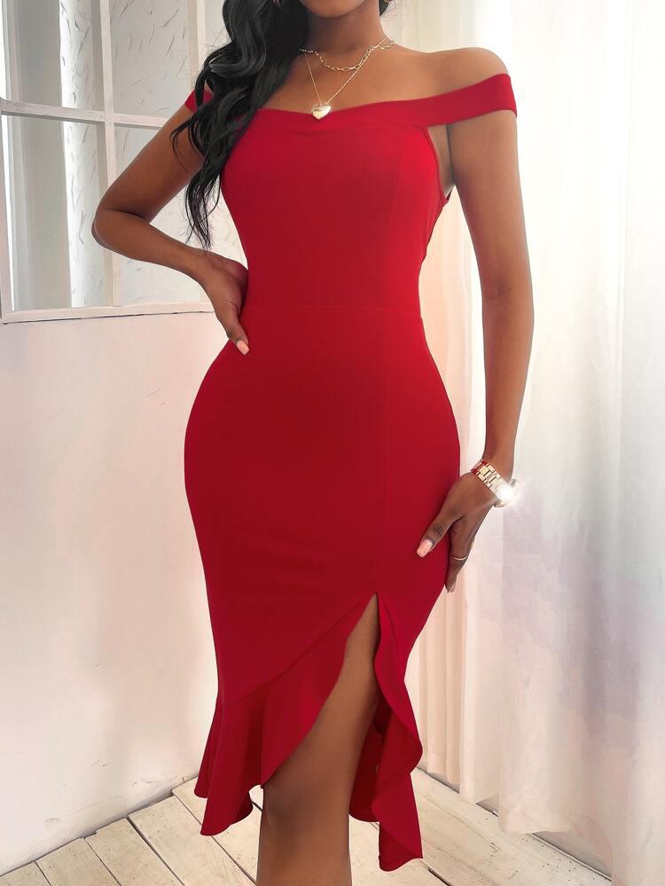 Bardot Split Thigh Ruffle Hem Bodycon Dress freeshipping - Kendiee