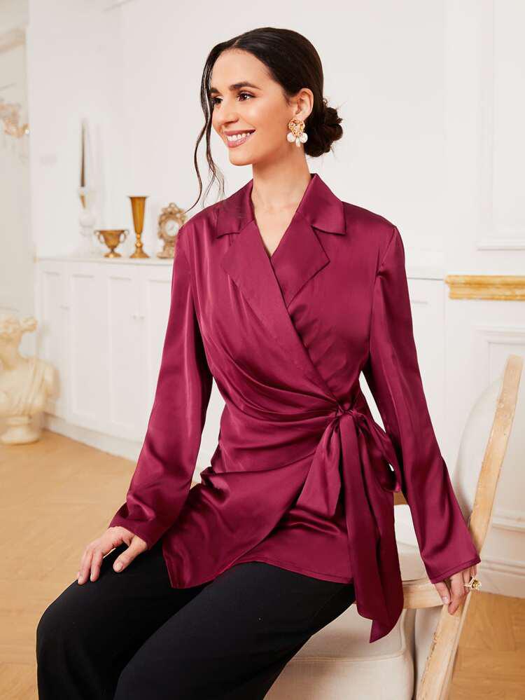 Notch Collar Tie Side Satin Blouse freeshipping - Kendiee