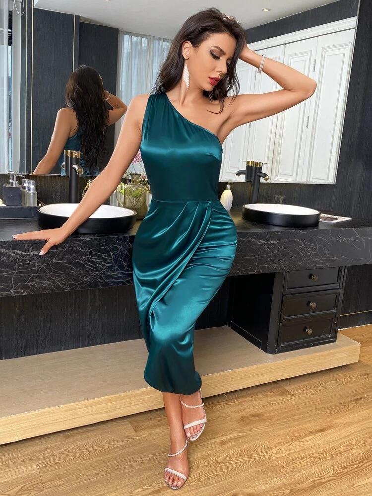 Satin One Shoulder Tulip Hem Bodycon Dress freeshipping - Kendiee