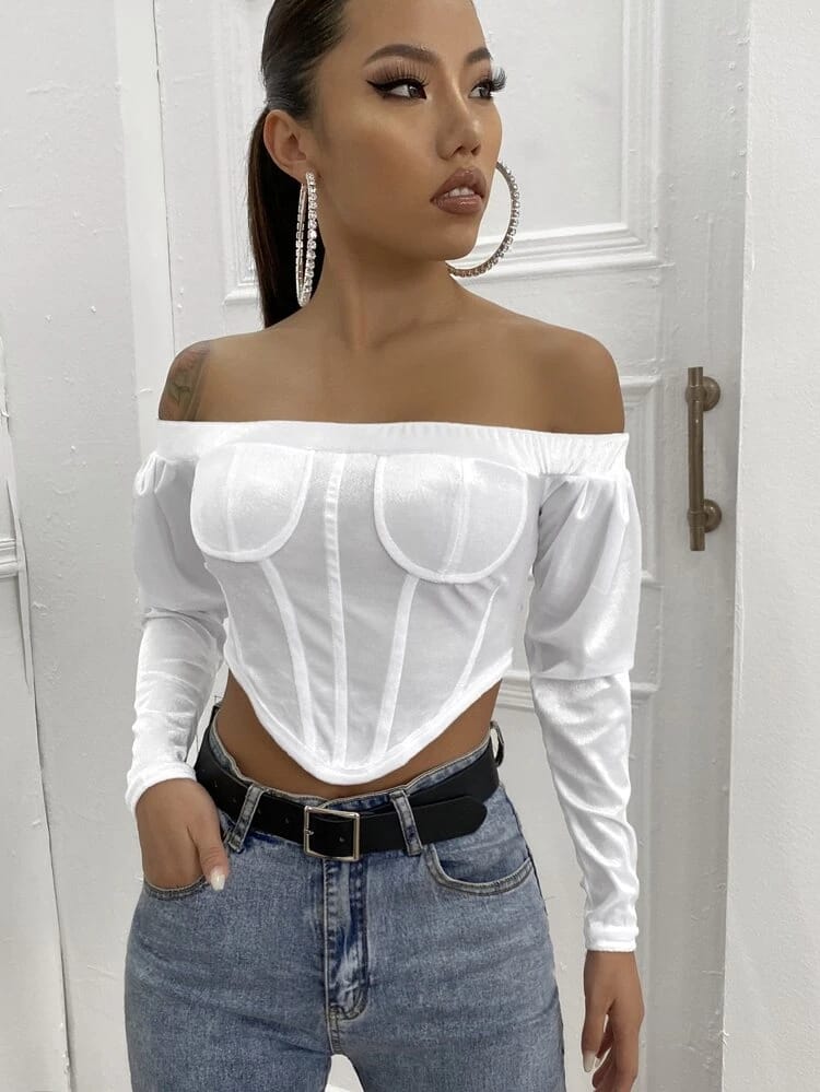 Velvet Asymmetrical Hem Off Shoulder Top freeshipping - Kendiee