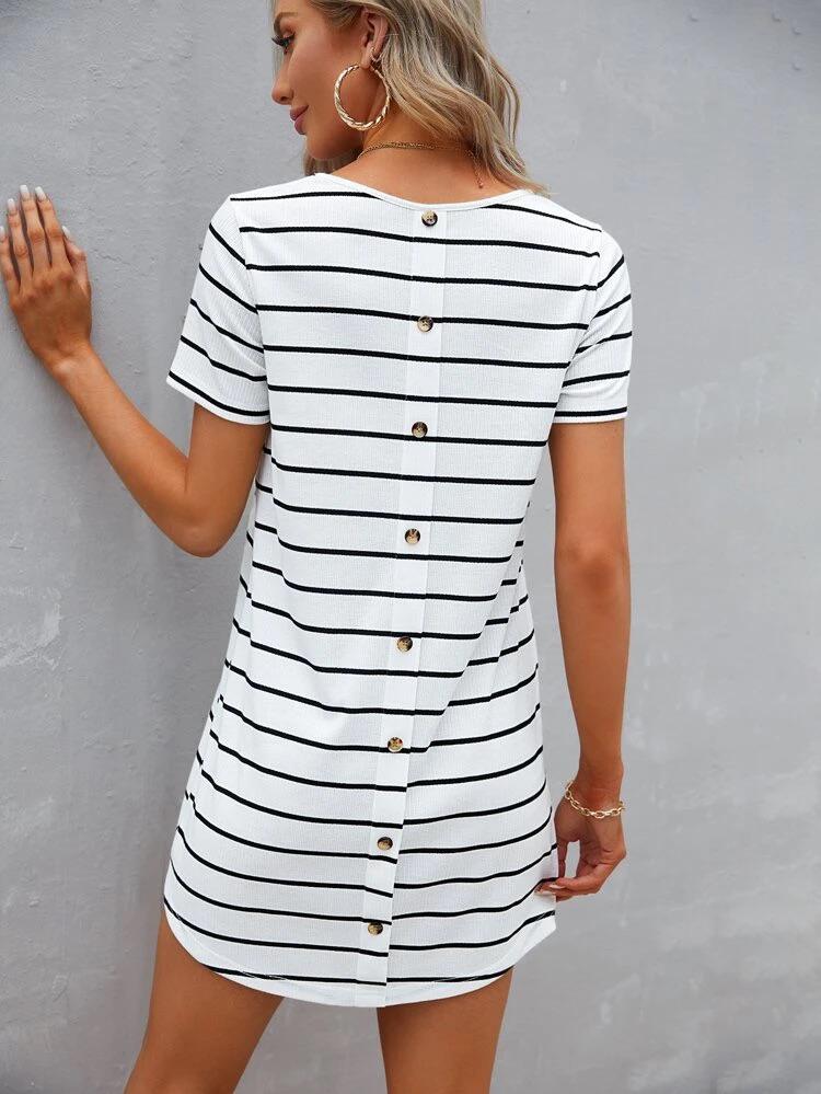 Striped Button Back Curved Hem Tee Dress