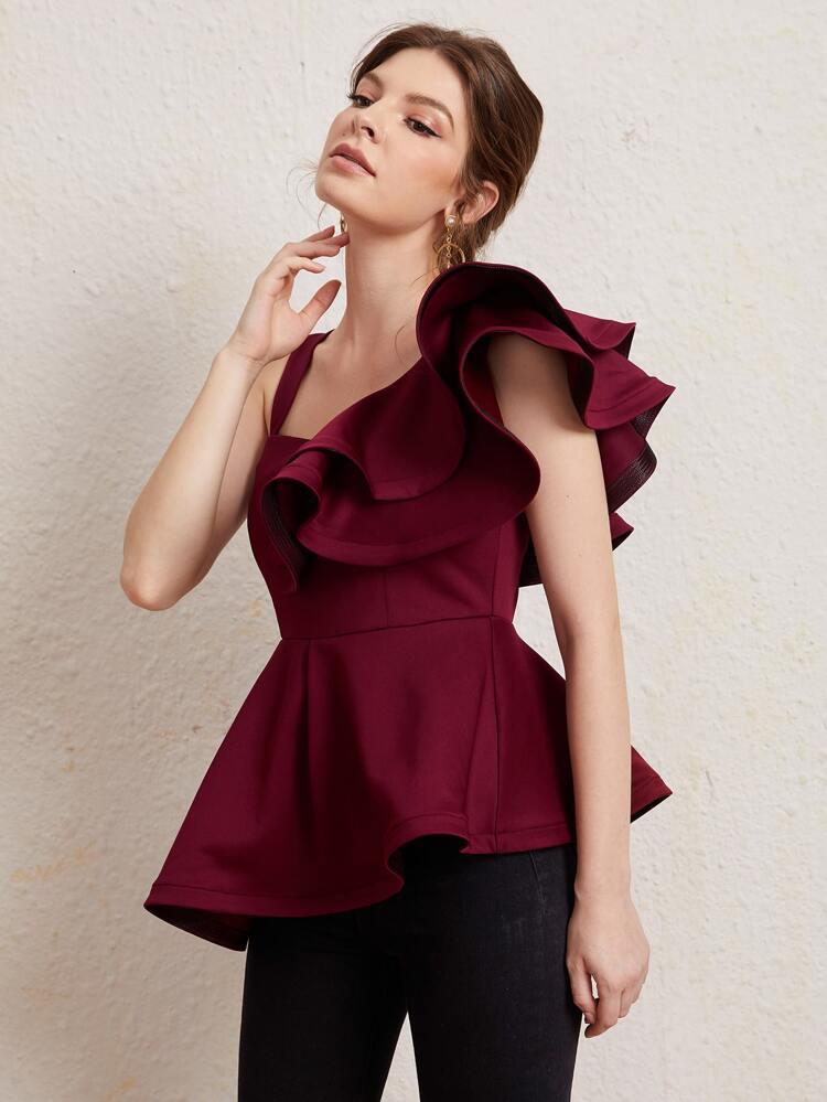 Asymmetrical Neck Ruffle Trim Peplum Top freeshipping - Kendiee