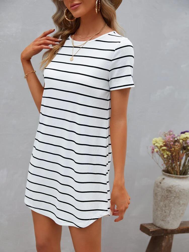 Striped Button Back Curved Hem Tee Dress