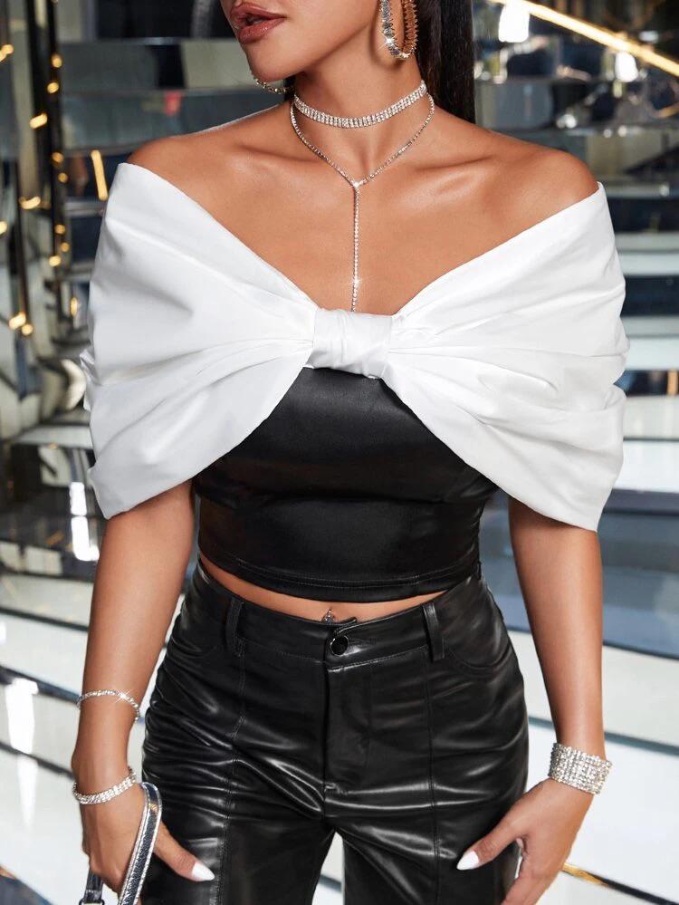 Off Shoulder Bow Decor Crop Top