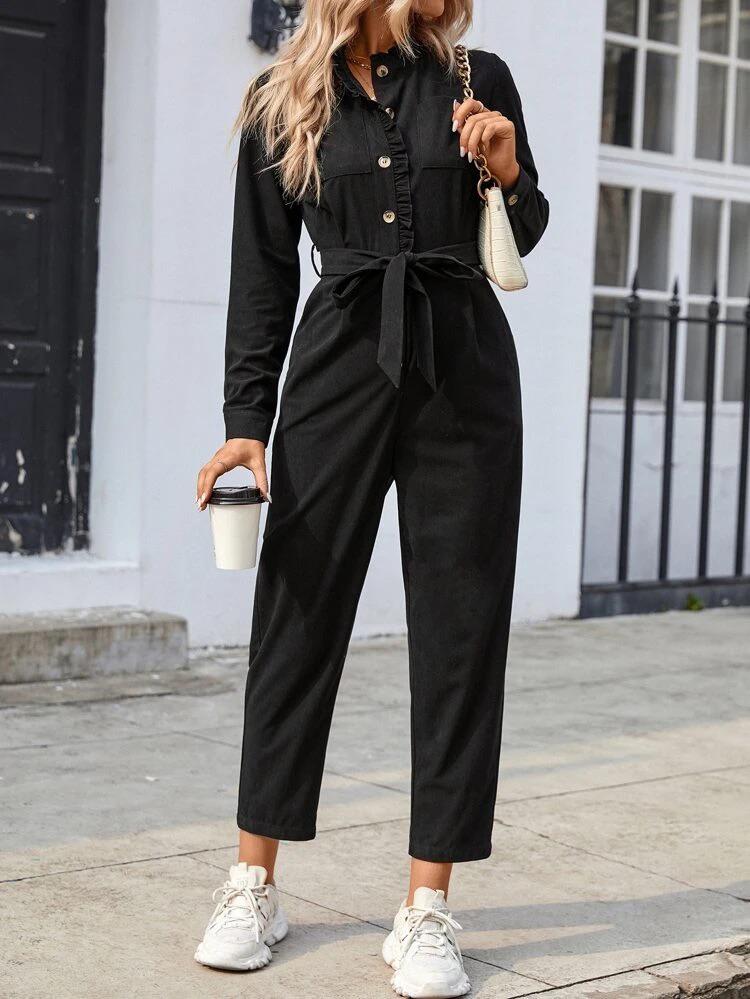 Solid Button Front Belted Shirt Jumpsuit