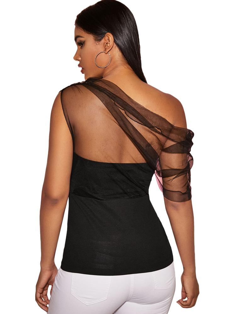 Asymmetrical Neck Sheer Mesh Ruched Top freeshipping - Kendiee