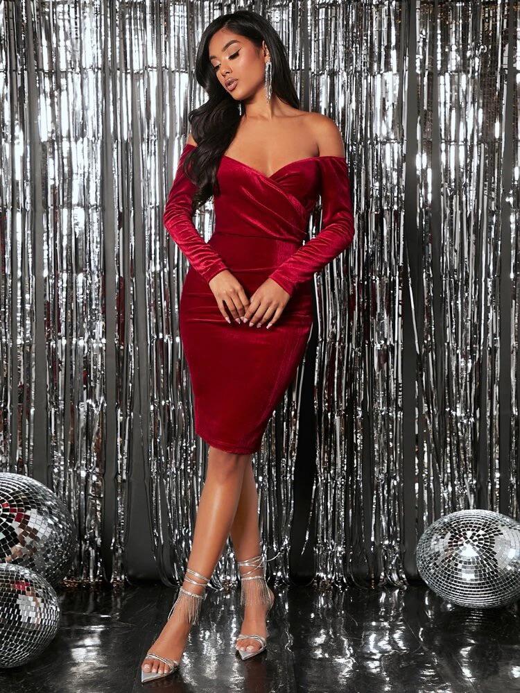 Off Shoulder Ruched Velvet Bodycon Dress