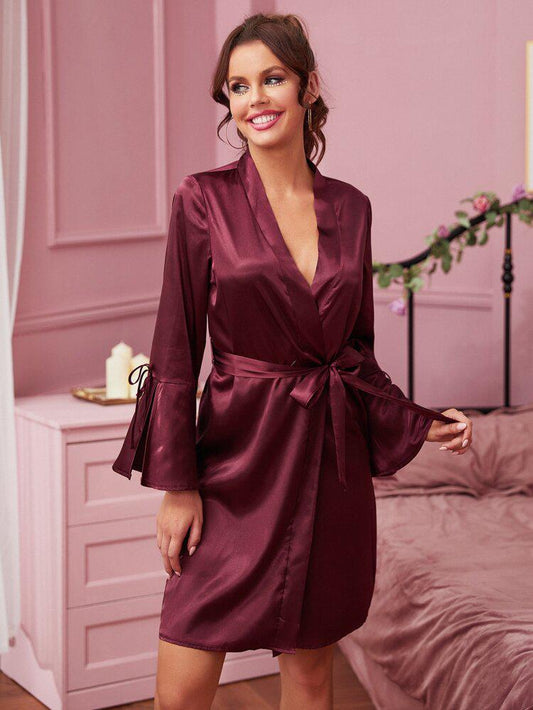 Satin Belted Split Cuff Night Robe freeshipping - Kendiee