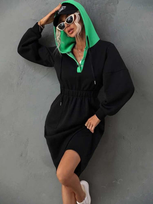 Colorblock Elastic Waist Slant Pocket Drawstring Hoodie Dress