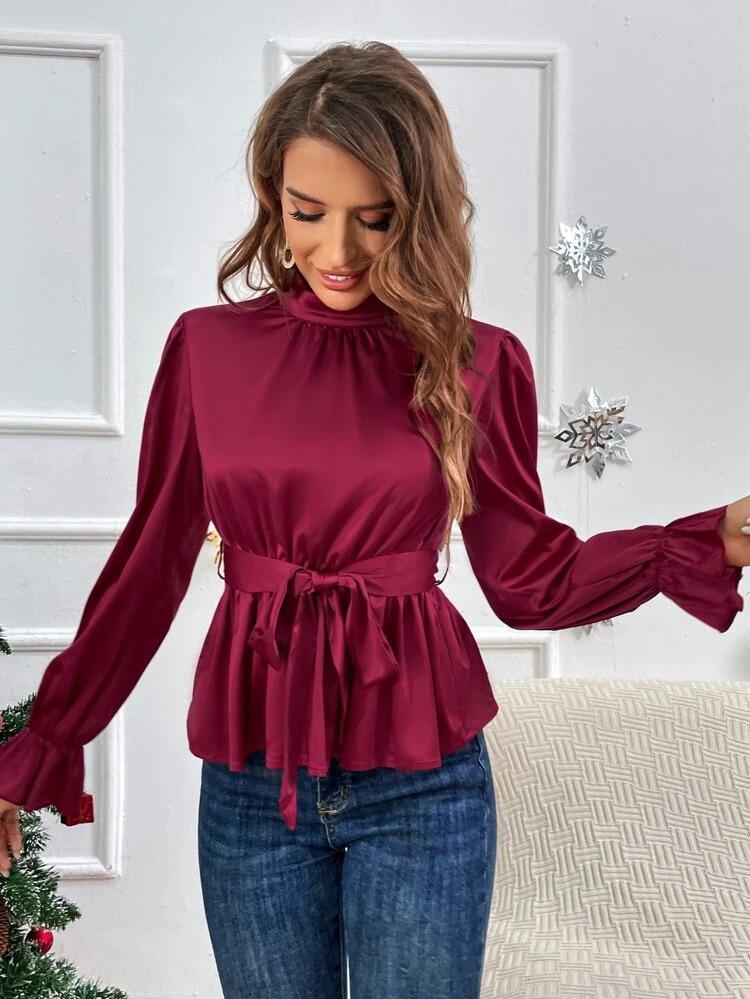 Flounce Sleeve Mock Neck Belted Satin Blouse