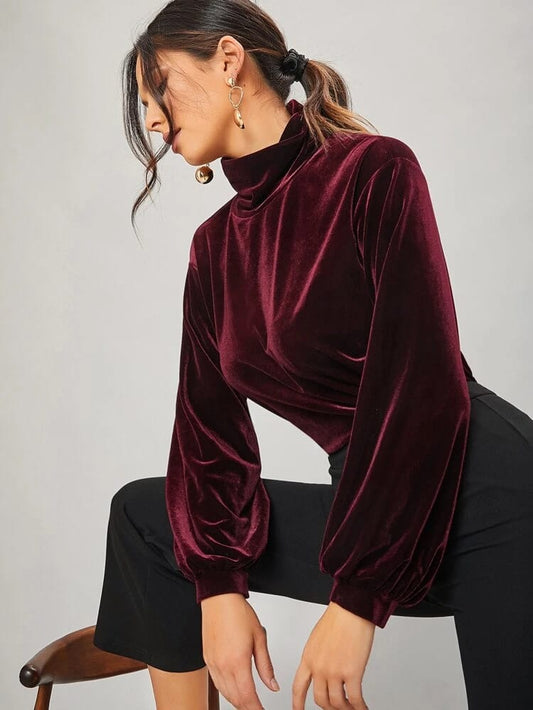 High Neck Lantern Sleeve Velvet Top freeshipping - Kendiee