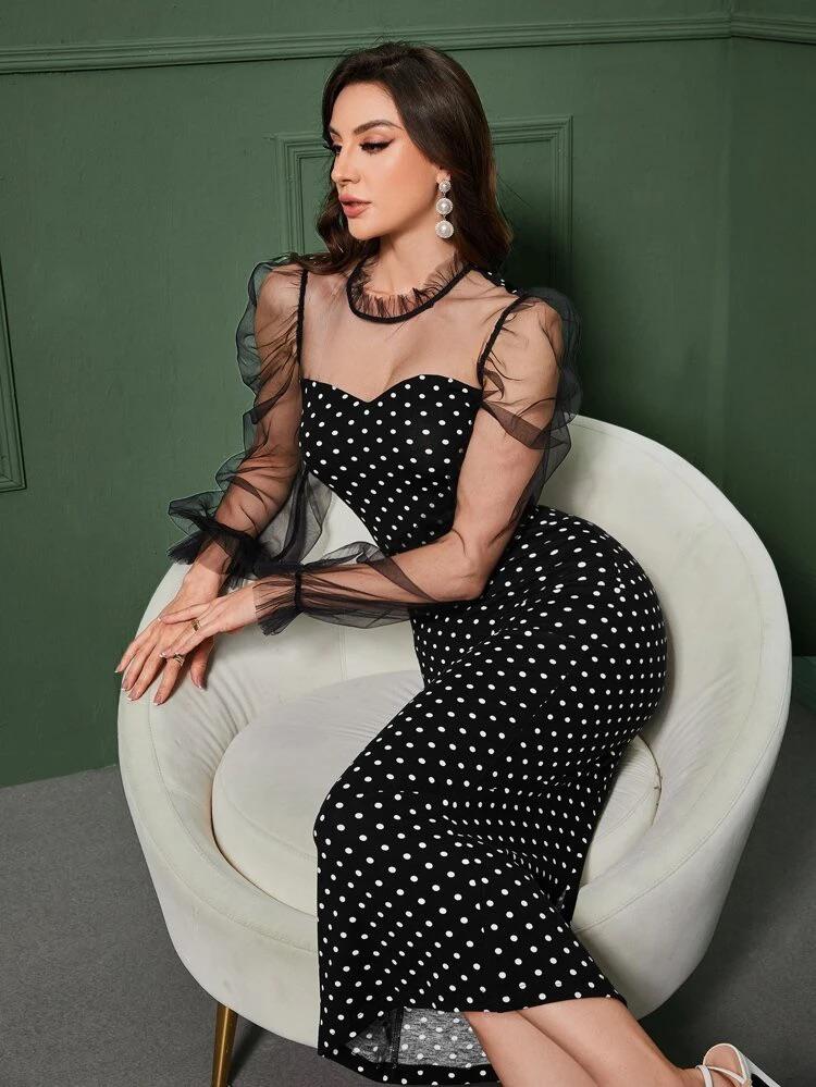 Sheer Mesh Yoke Gigot Sleeve Polka Dot Dress