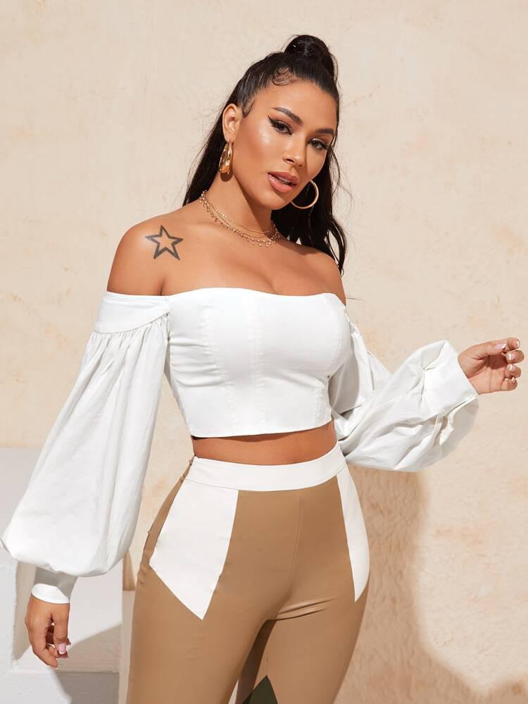 Off Shoulder Lantern Sleeve Crop Top freeshipping - Kendiee