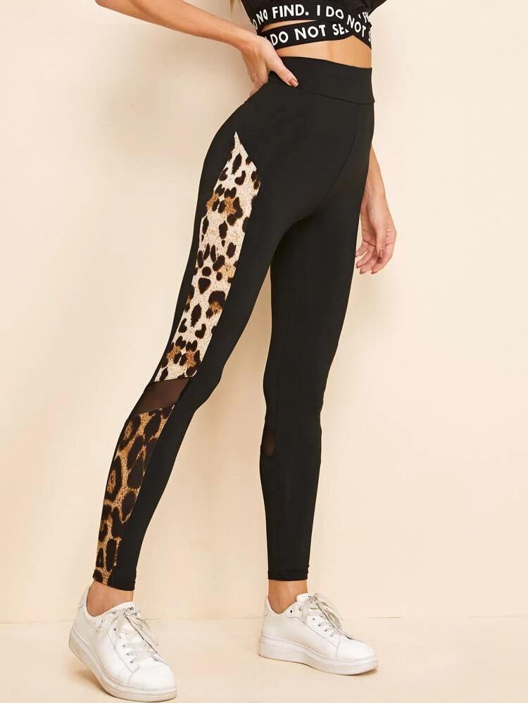 Leopard Side Seam Mesh Insert Leggings freeshipping - Kendiee