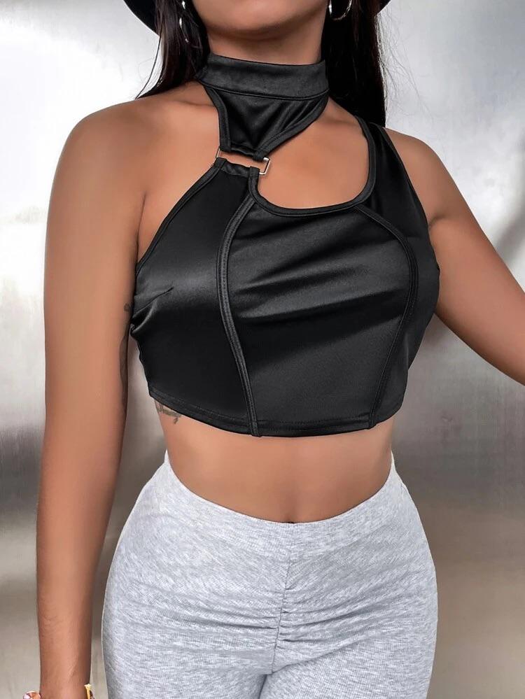 O-Ring Cut Out Asymmetrical Neck Crop Satin Top