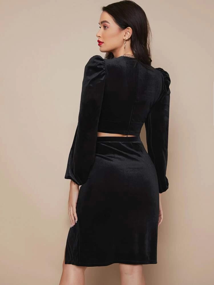 V-Neck Puff Sleeve Velvet Crop Top & Ruched Split Thigh Skirt Set freeshipping - Kendiee