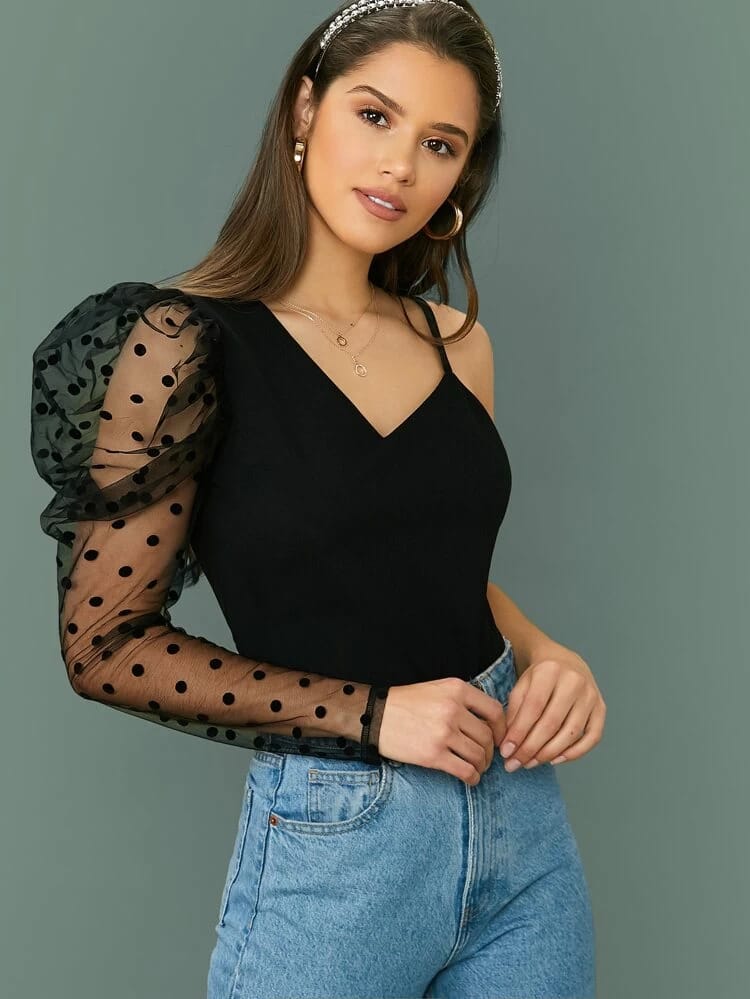 Asymmetrical Neck Mesh Dot Sleeve Top freeshipping - Kendiee